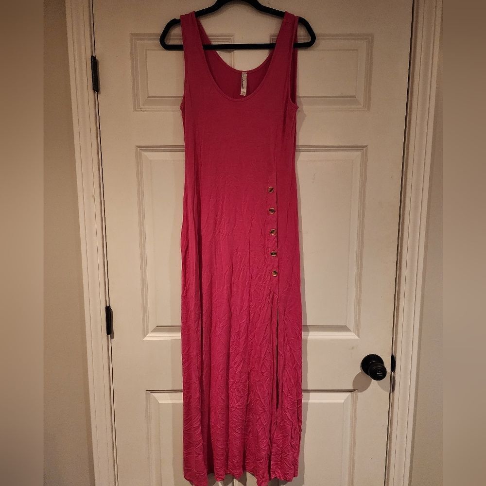 Emerald Stretchy pink maxi dress with faux buttons L